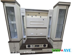 meuble-living-tv-moderne-lamine-brun-et-blanc-quasi-neuf